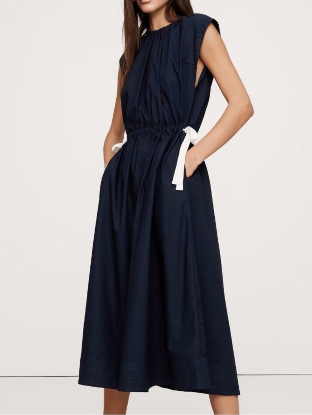 Banana Republic Navy Long Dress with Cream Drawstring Ties